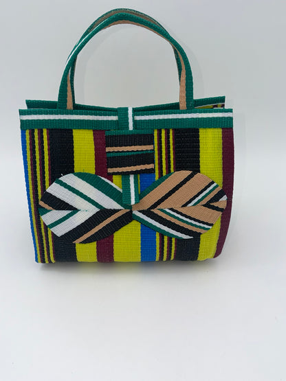 Sunshine Medium  handwoven tote bag by SCRUBIES in Yellow,Green,Wine,Black,Blue,Beige with Stripes design and Bow accent pattern