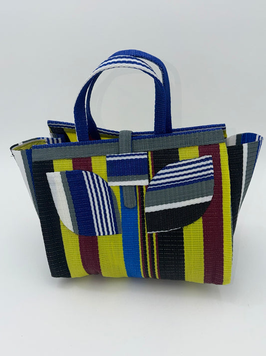 Sunshine Medium  handwoven tote bag by SCRUBIES in Yellow,Green,Wine,Black,Blue,White with Stripes design and Leaf accent pattern