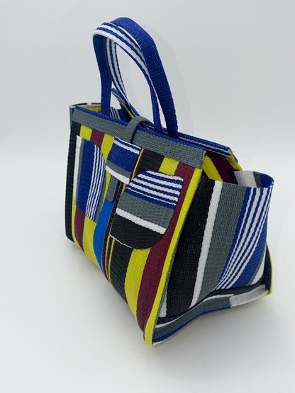 Sunshine Medium  handwoven tote bag by SCRUBIES in Yellow,Green,Wine,Black,Blue,White with Stripes design and Leaf accent pattern