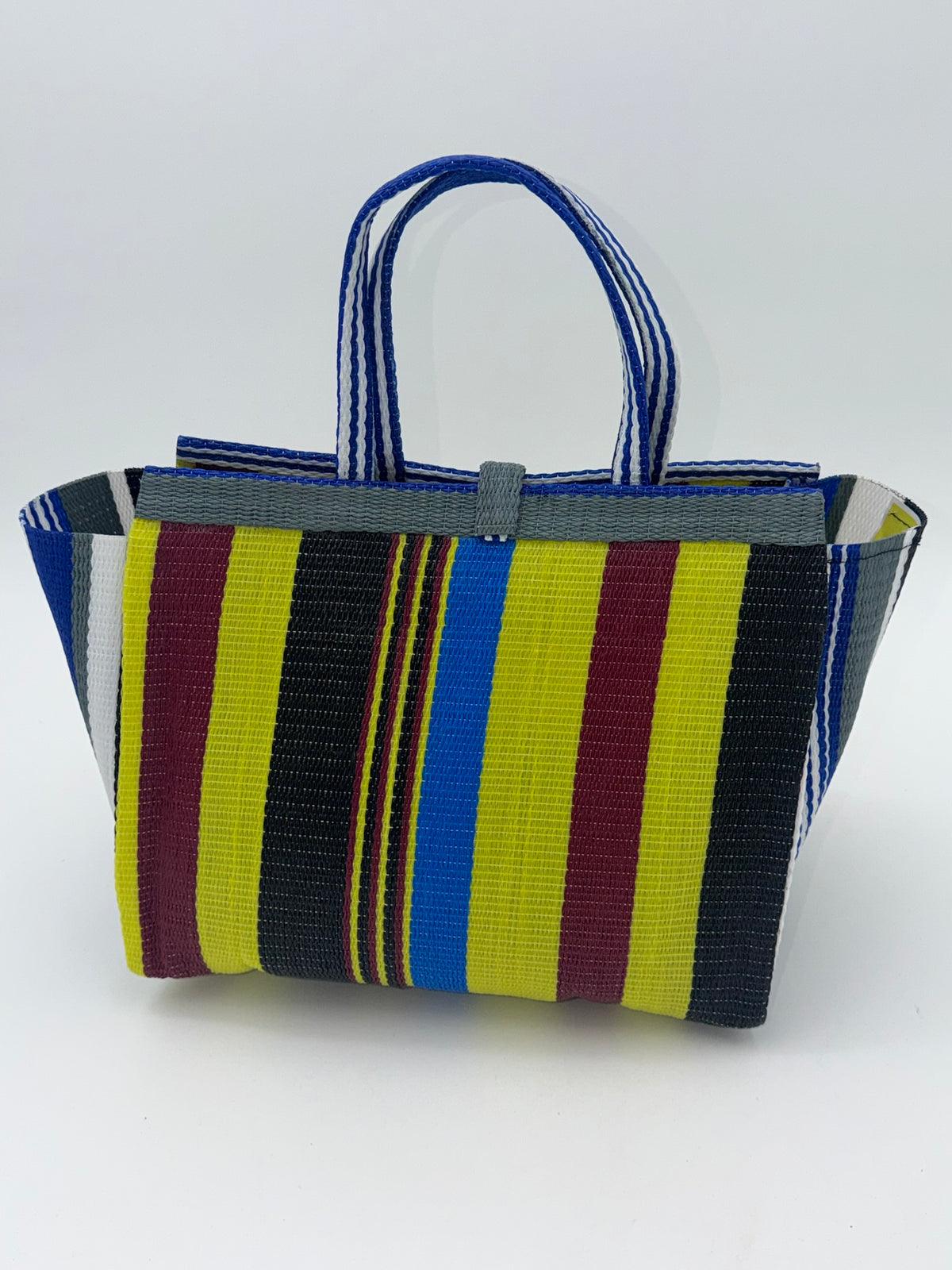 Sunshine Medium  handwoven tote bag by SCRUBIES in Yellow,Green,Wine,Black,Blue,White with Stripes design and Leaf accent pattern