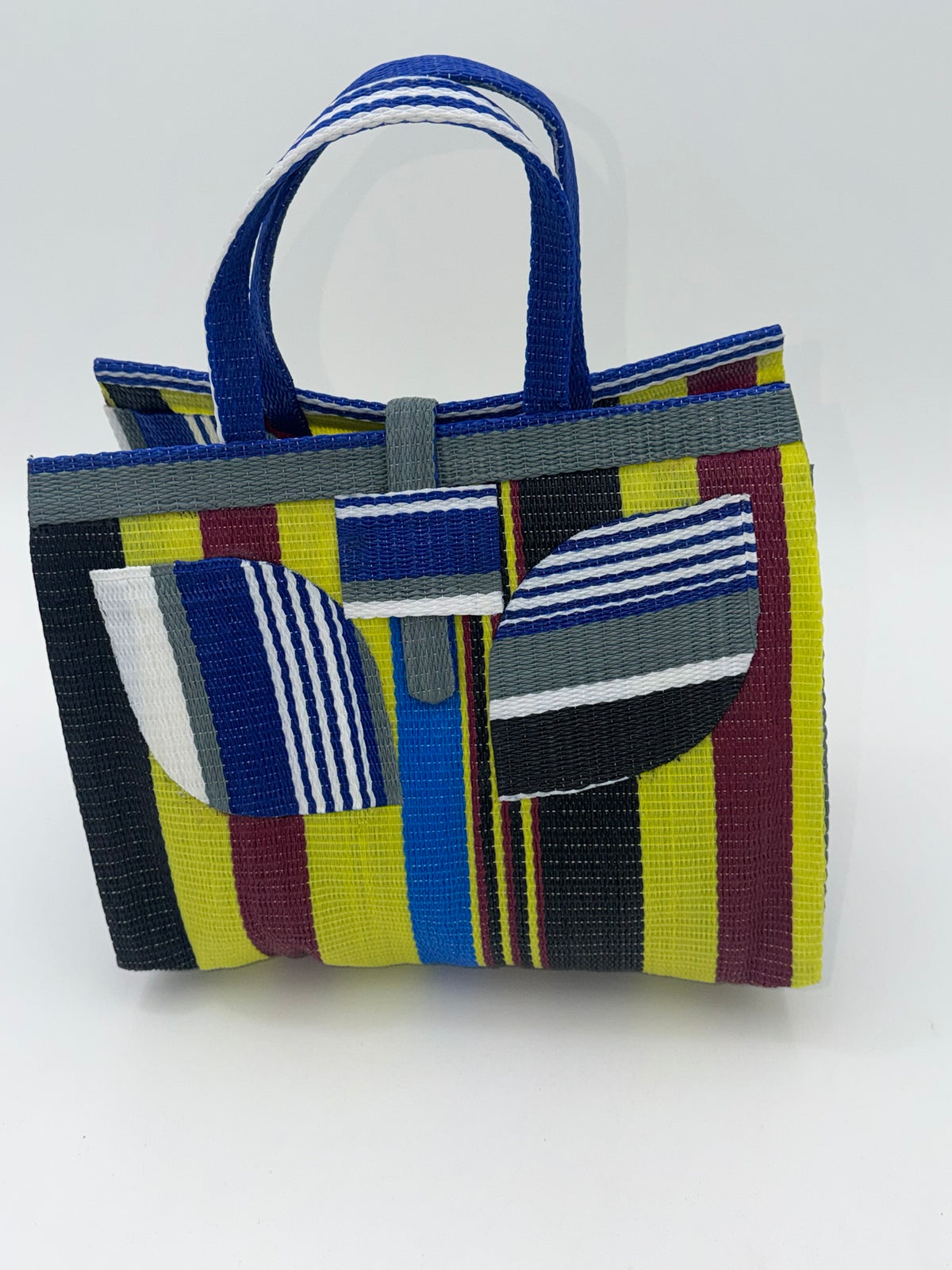 Sunshine Medium  handwoven tote bag by SCRUBIES in Yellow,Green,Wine,Black,Blue,White with Stripes design and Leaf accent pattern