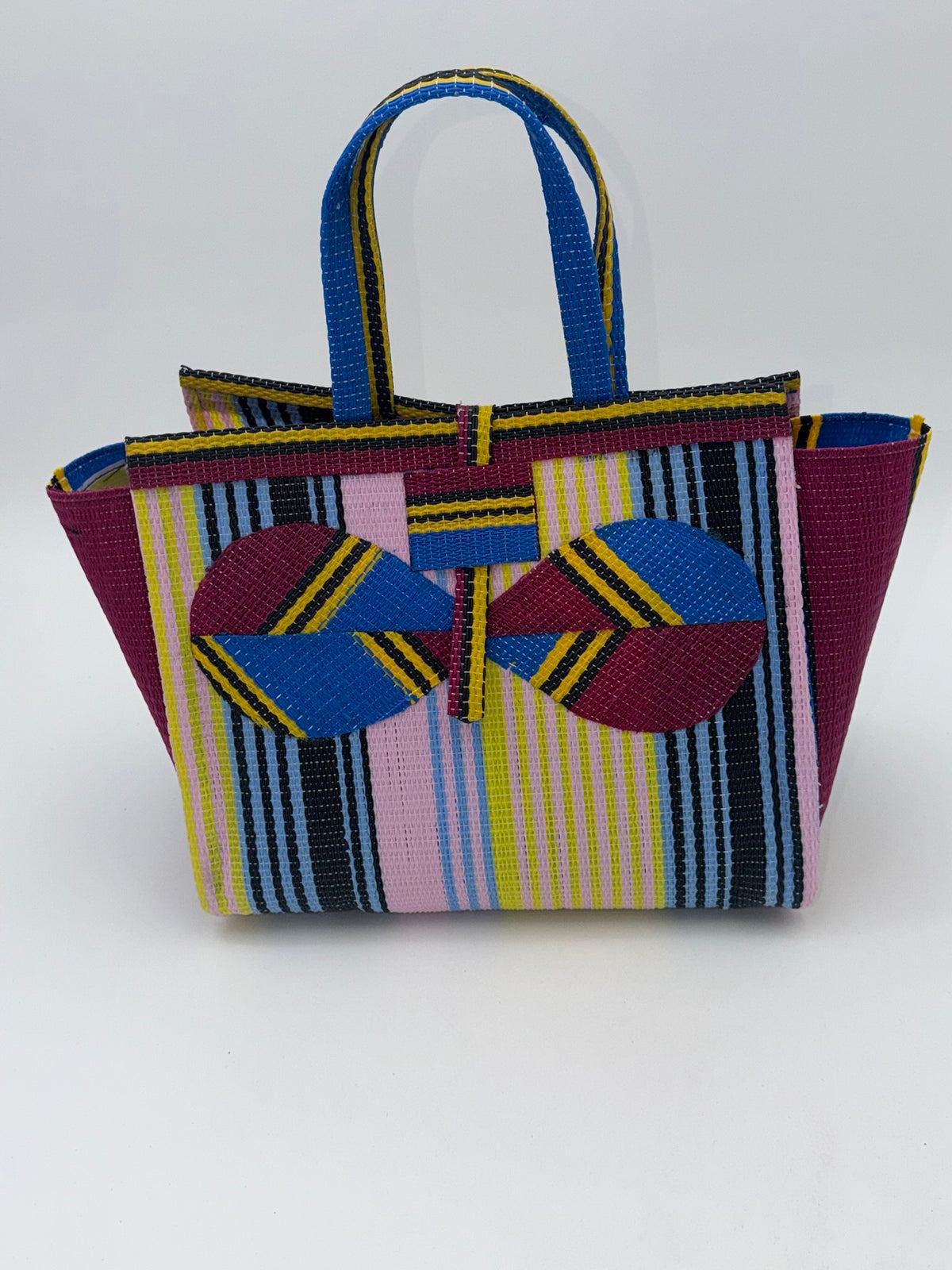 Candy Medium  handwoven tote bag by SCRUBIES in Pink,Wine,Blue,Yellow with Stripes design and Bow accent pattern