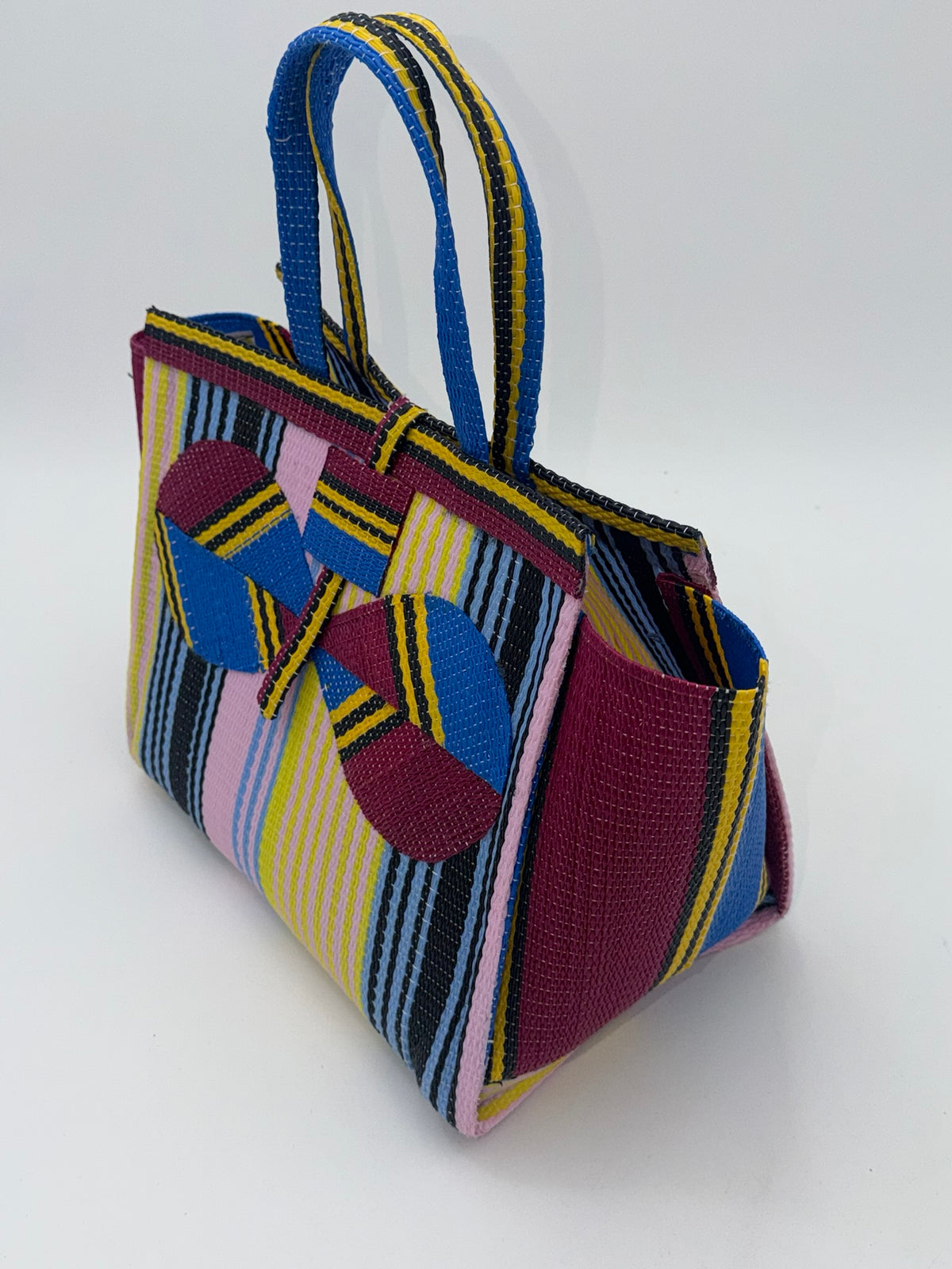Candy Medium  handwoven tote bag by SCRUBIES in Pink,Wine,Blue,Yellow with Stripes design and Bow accent pattern