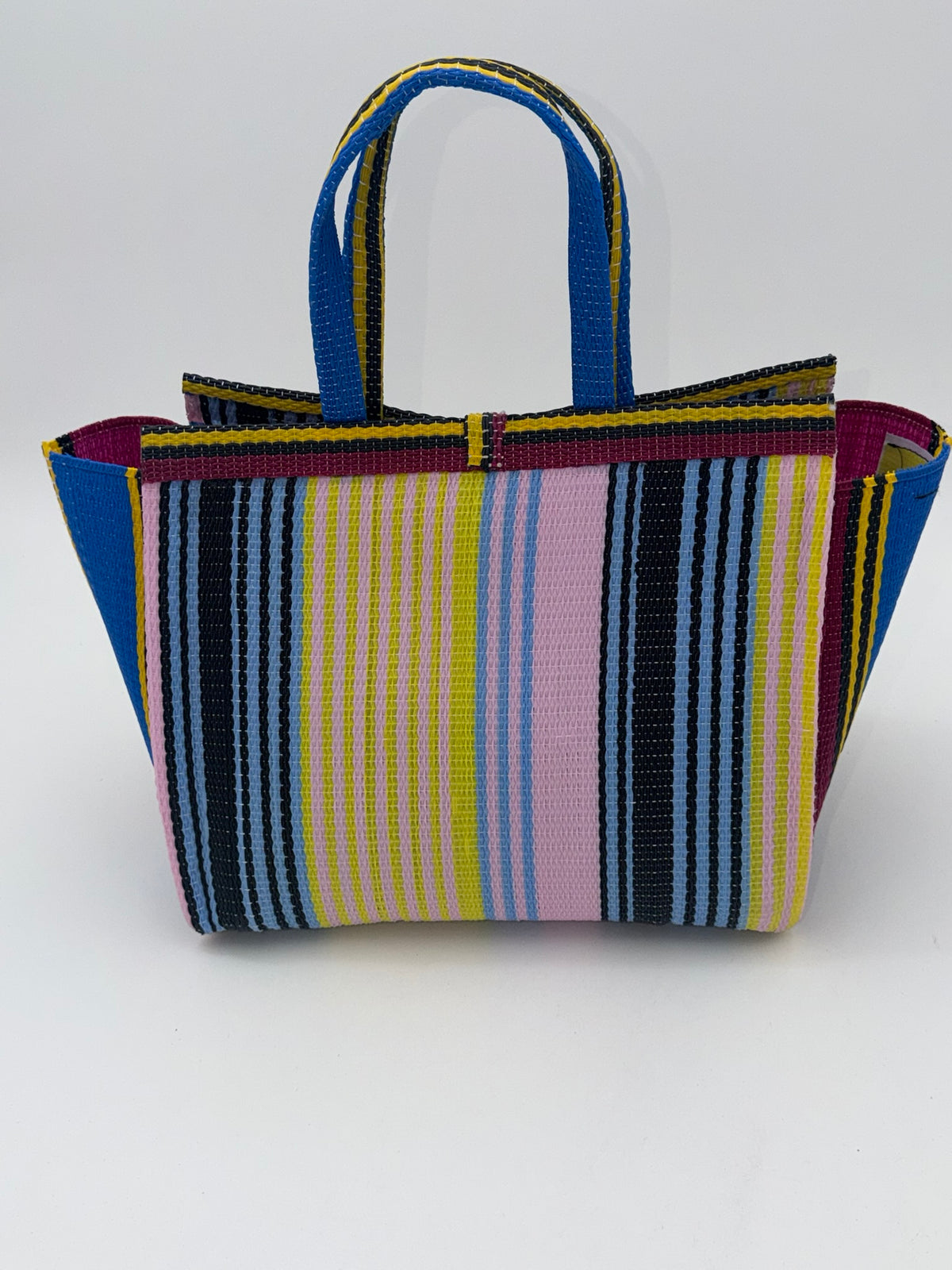 Candy Medium  handwoven tote bag by SCRUBIES in Pink,Wine,Blue,Yellow with Stripes design and Bow accent pattern