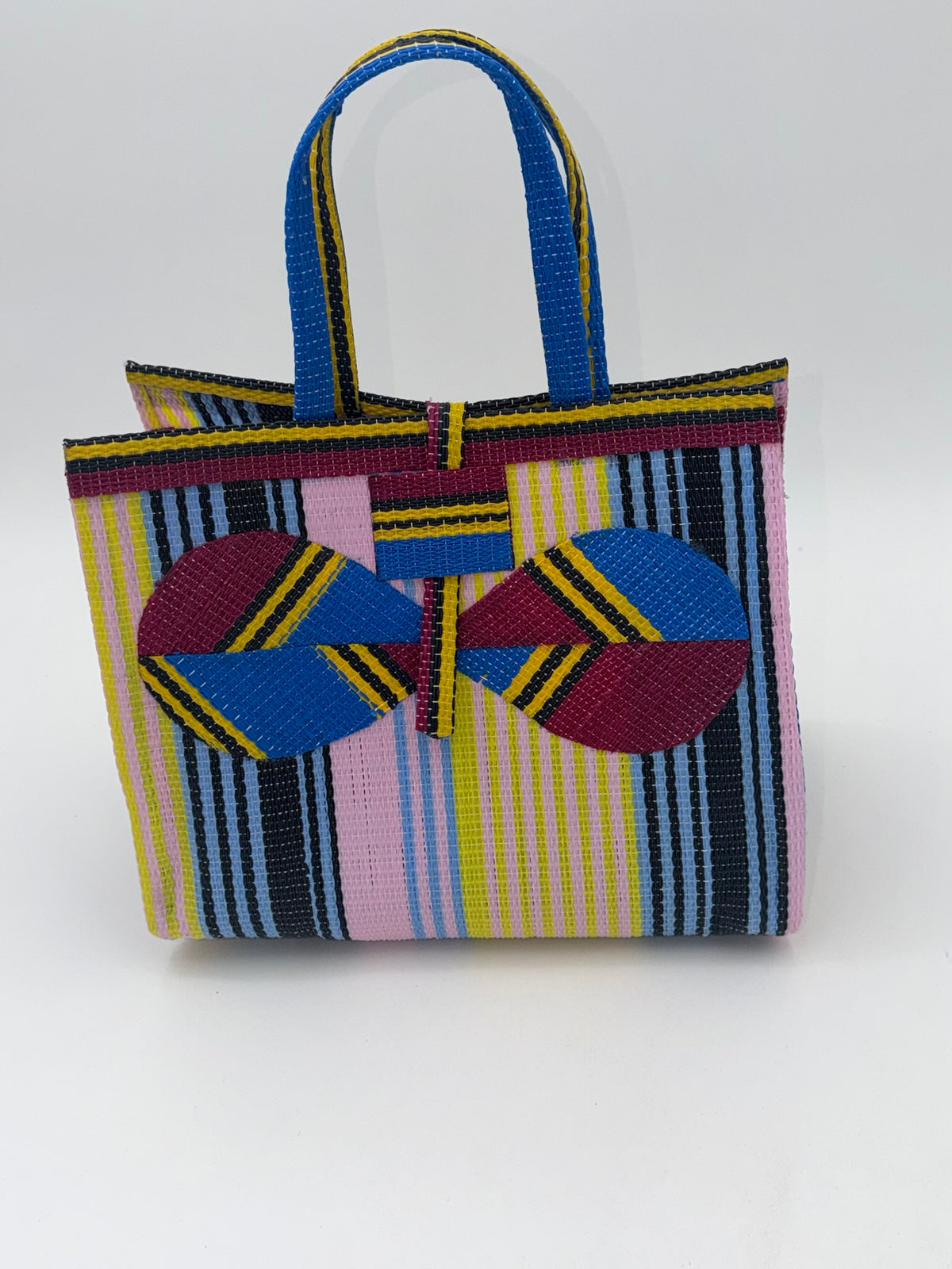 Candy Medium  handwoven tote bag by SCRUBIES in Pink,Wine,Blue,Yellow with Stripes design and Bow accent pattern