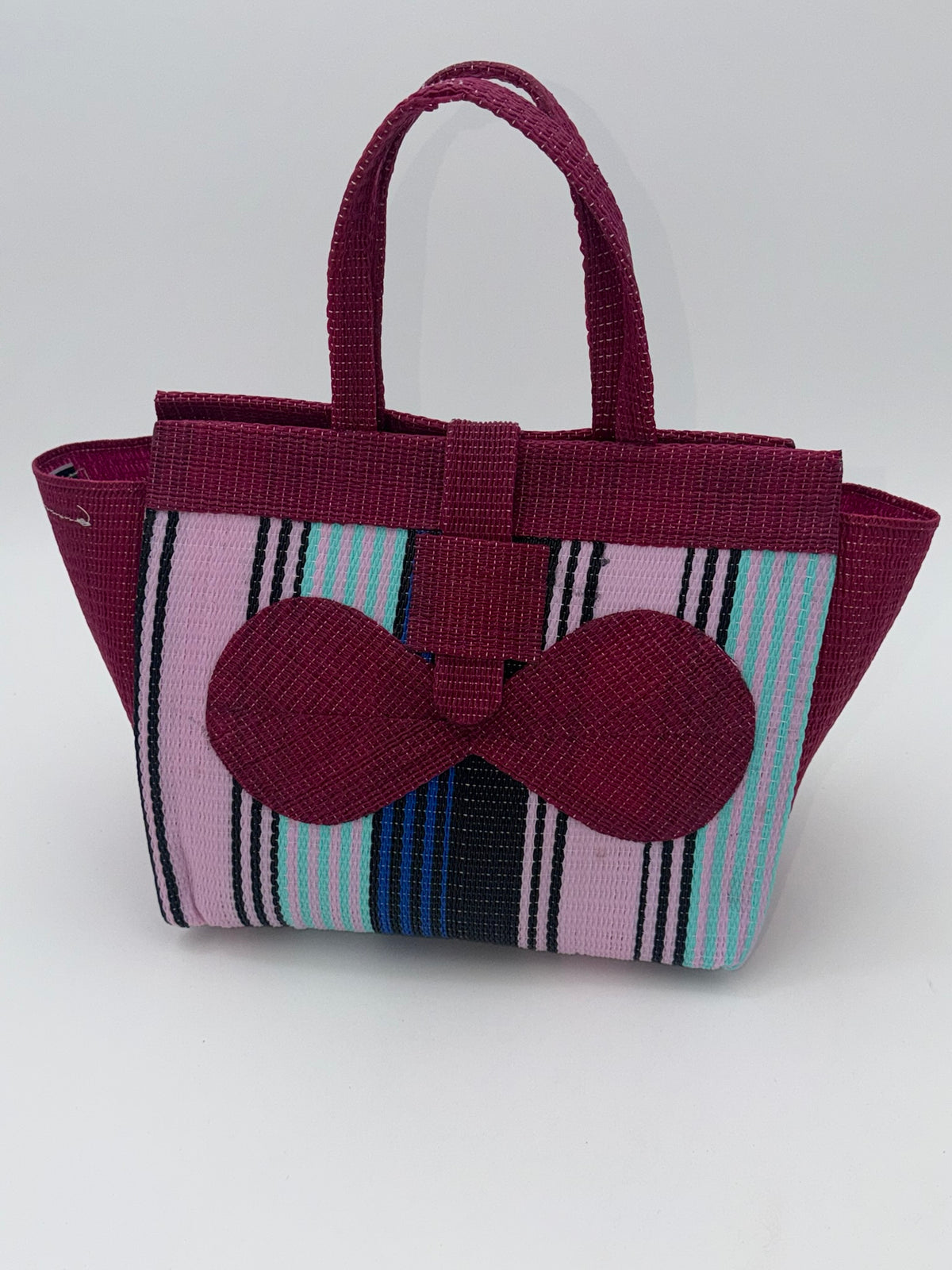 Candy Medium  handwoven tote bag by SCRUBIES in Wine,Pink,Blue with Stripes design and Bow accent pattern