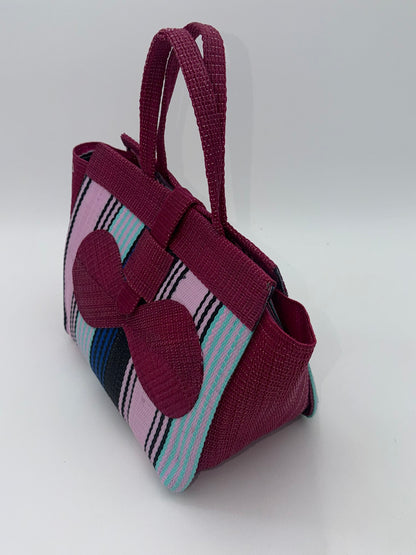 Candy Medium  handwoven tote bag by SCRUBIES in Wine,Pink,Blue with Stripes design and Bow accent pattern