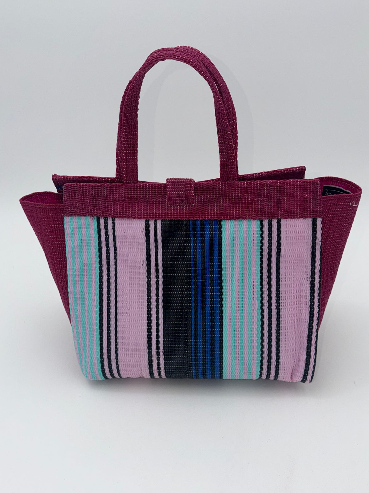 Candy Medium  handwoven tote bag by SCRUBIES in Wine,Pink,Blue with Stripes design and Bow accent pattern