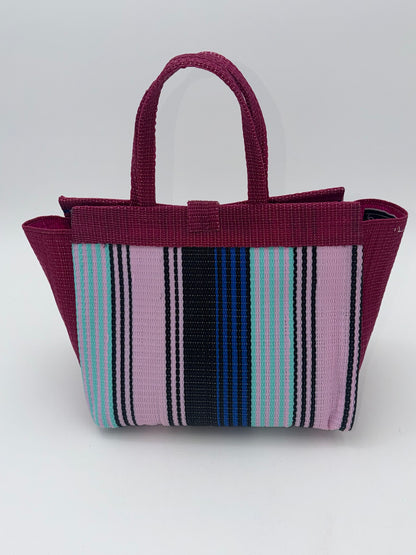 Candy Medium  handwoven tote bag by SCRUBIES in Wine,Pink,Blue with Stripes design and Bow accent pattern