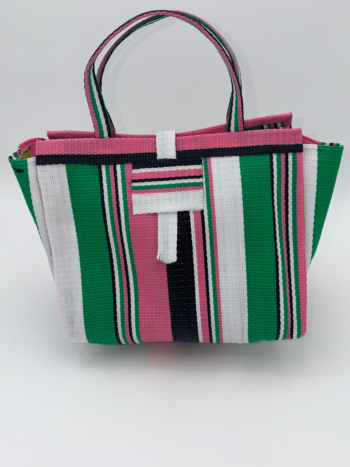 Candy Medium  handwoven tote bag by SCRUBIES in Pink,Green,Black,White,, with Stripes design and 0 accent pattern