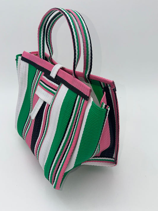 Candy Medium  handwoven tote bag by SCRUBIES in Pink,Green,Black,White,, with Stripes design and 0 accent pattern
