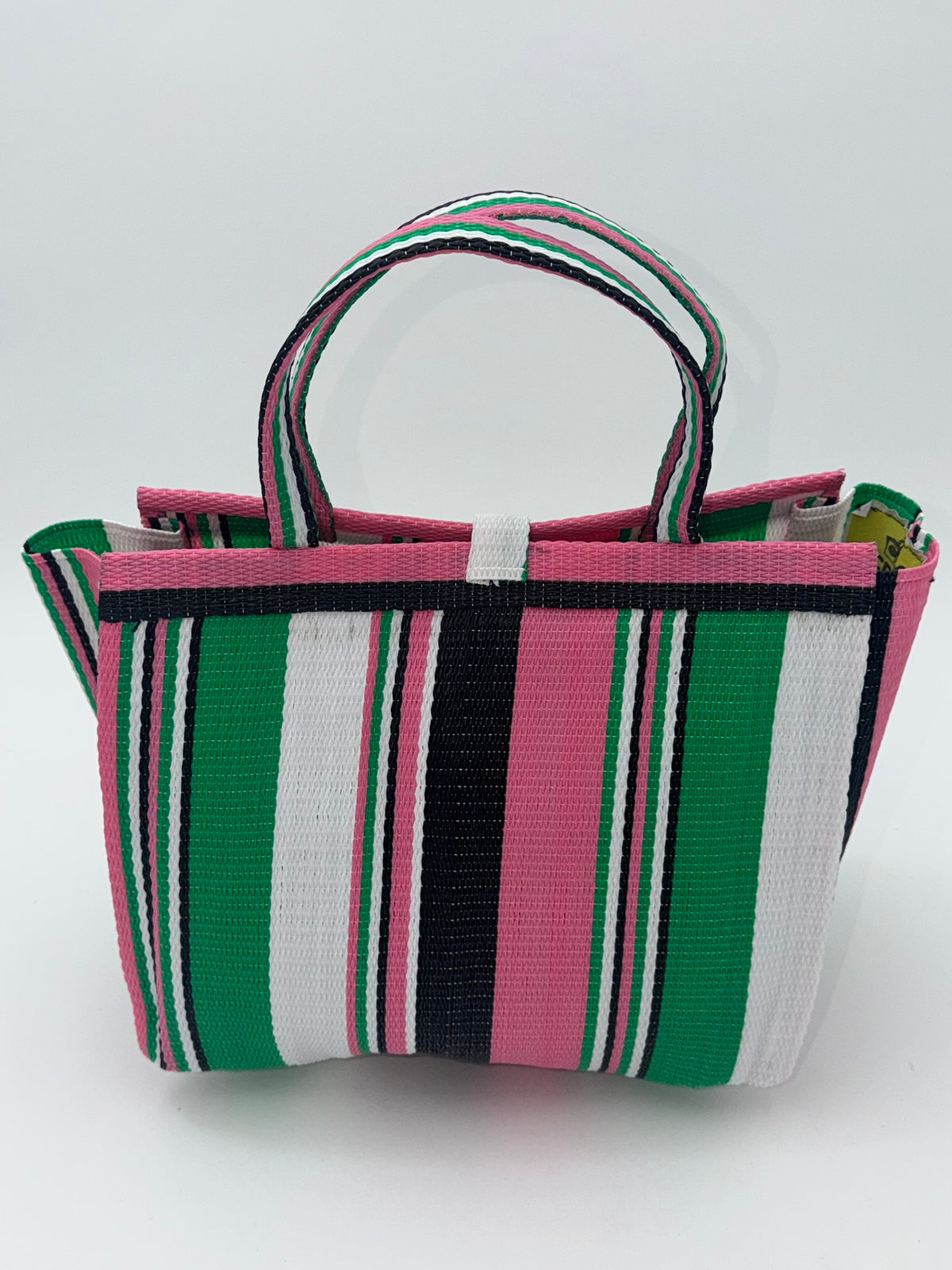 Candy Medium  handwoven tote bag by SCRUBIES in Pink,Green,Black,White,, with Stripes design and 0 accent pattern