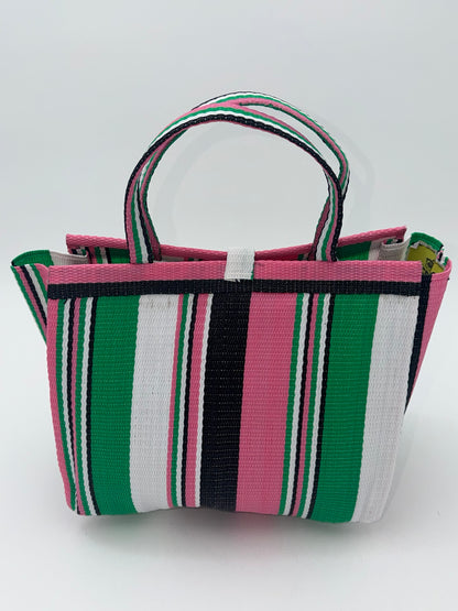 Candy Medium  handwoven tote bag by SCRUBIES in Pink,Green,Black,White,, with Stripes design and 0 accent pattern