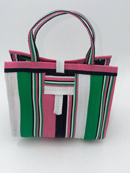 Candy Medium  handwoven tote bag by SCRUBIES in Pink,Green,Black,White,, with Stripes design and 0 accent pattern