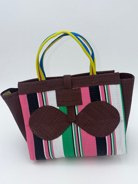 Candy Medium  handwoven tote bag by SCRUBIES in Brown,Pink,Black,Green,White with Stripes design and Bow accent pattern