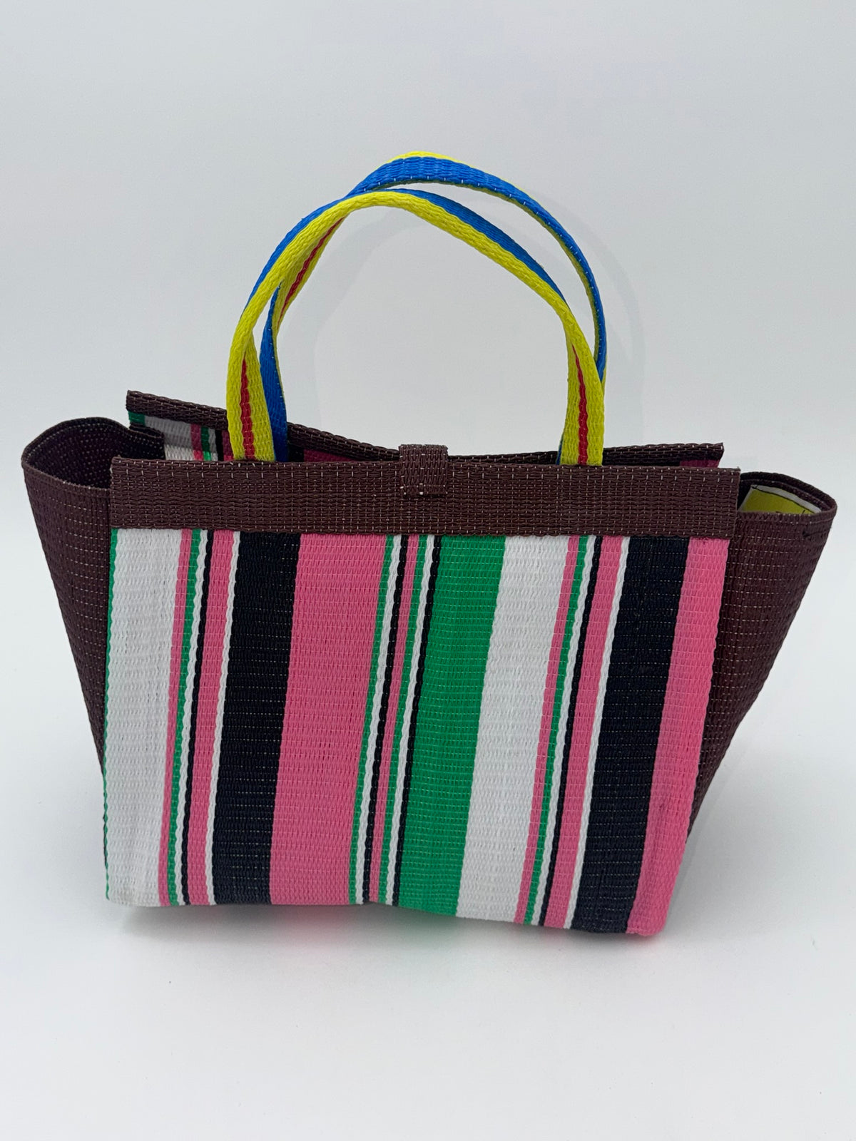 Candy Medium  handwoven tote bag by SCRUBIES in Brown,Pink,Black,Green,White with Stripes design and Bow accent pattern