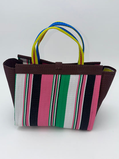 Candy Medium  handwoven tote bag by SCRUBIES in Brown,Pink,Black,Green,White with Stripes design and Bow accent pattern