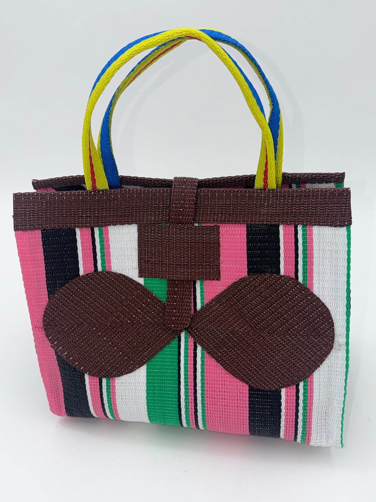 Candy Medium  handwoven tote bag by SCRUBIES in Brown,Pink,Black,Green,White with Stripes design and Bow accent pattern