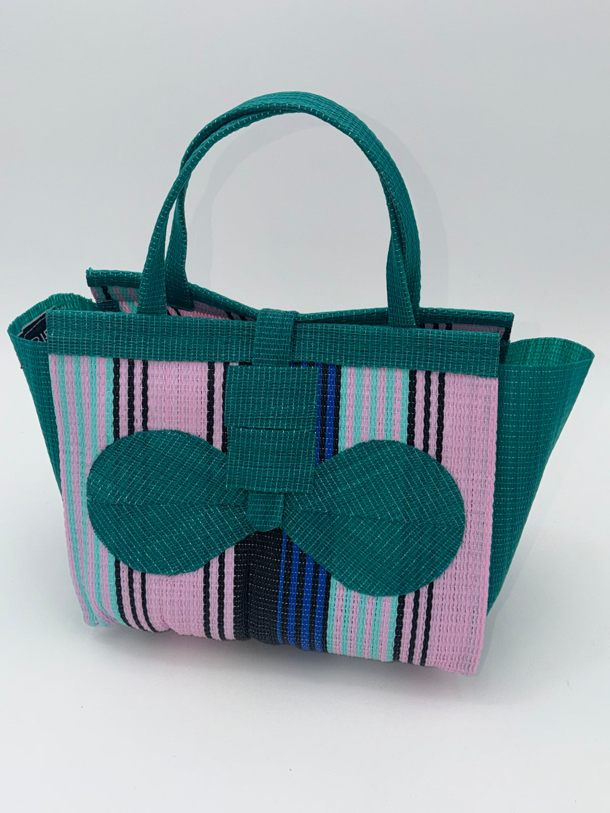 Candy Medium  handwoven tote bag by SCRUBIES in Green,Pink,Blue with Stripes design and Bow accent pattern
