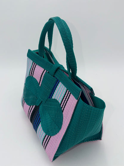 Candy Medium  handwoven tote bag by SCRUBIES in Green,Pink,Blue with Stripes design and Bow accent pattern