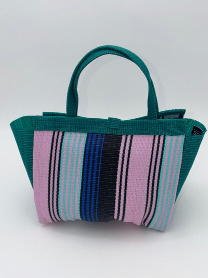 Candy Medium  handwoven tote bag by SCRUBIES in Green,Pink,Blue with Stripes design and Bow accent pattern