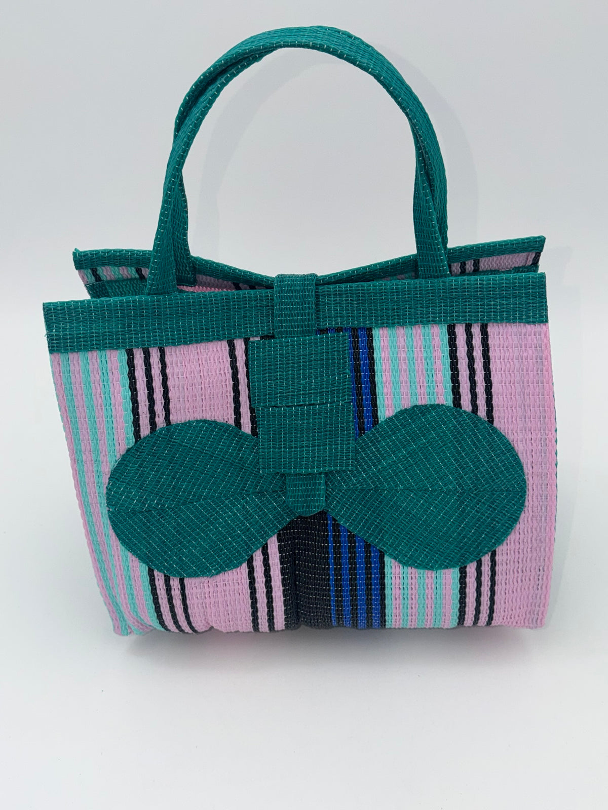 Candy Medium  handwoven tote bag by SCRUBIES in Green,Pink,Blue with Stripes design and Bow accent pattern