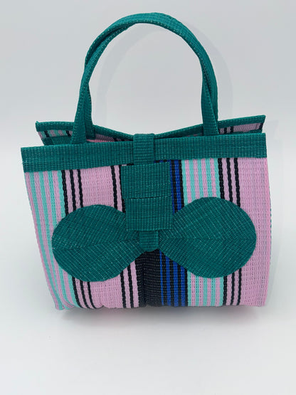 Candy Medium  handwoven tote bag by SCRUBIES in Green,Pink,Blue with Stripes design and Bow accent pattern