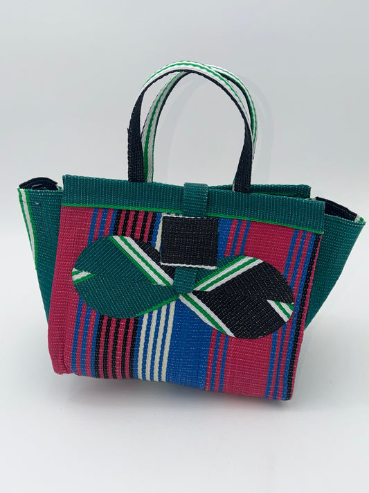 Candy Medium  handwoven tote bag by SCRUBIES in Green,Pink,Blue,White with Stripes design and Bow accent pattern