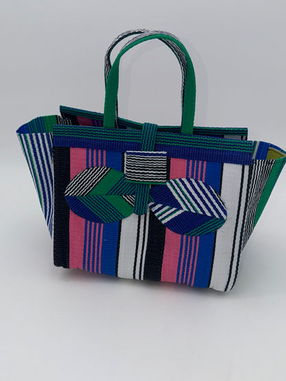Candy Medium  handwoven tote bag by SCRUBIES in Blue,Black,Pink,White,Green, with Stripes design and Bow accent pattern