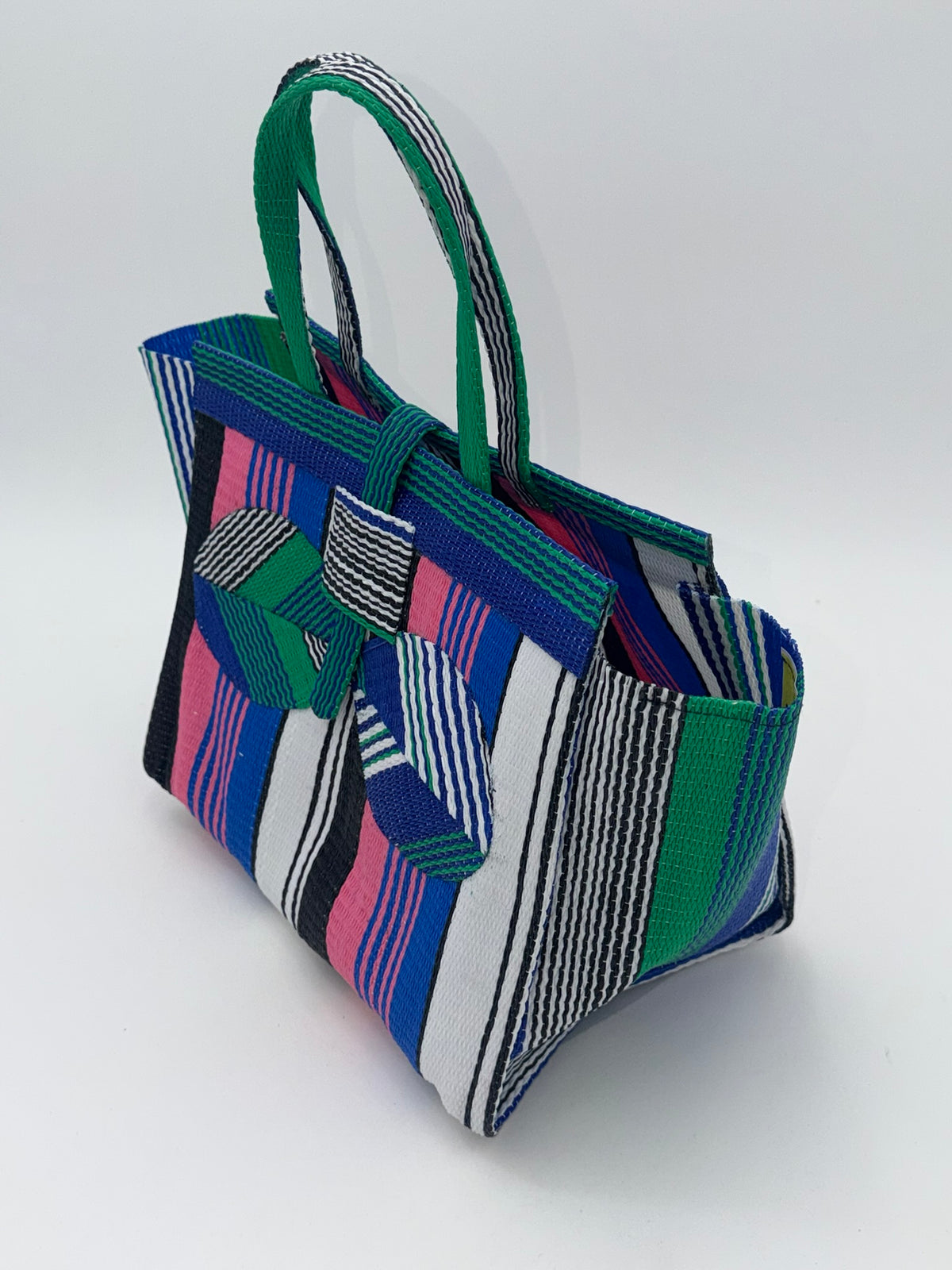 Candy Medium  handwoven tote bag by SCRUBIES in Blue,Black,Pink,White,Green, with Stripes design and Bow accent pattern