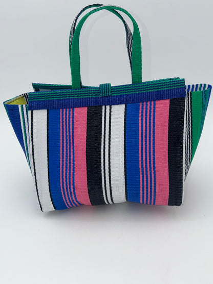 Candy Medium  handwoven tote bag by SCRUBIES in Blue,Black,Pink,White,Green, with Stripes design and Bow accent pattern