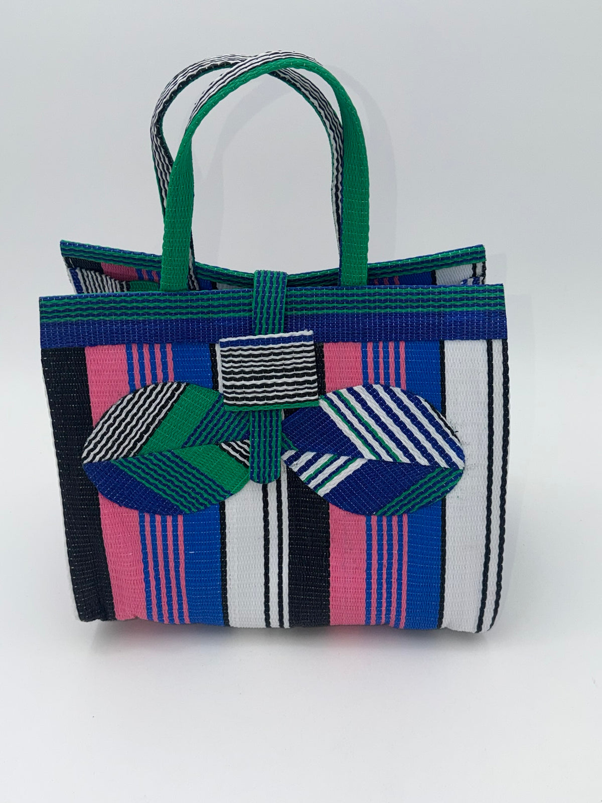 Candy Medium  handwoven tote bag by SCRUBIES in Blue,Black,Pink,White,Green, with Stripes design and Bow accent pattern