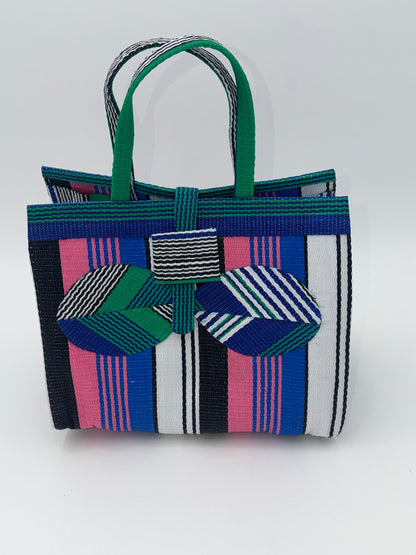 Candy Medium  handwoven tote bag by SCRUBIES in Blue,Black,Pink,White,Green, with Stripes design and Bow accent pattern