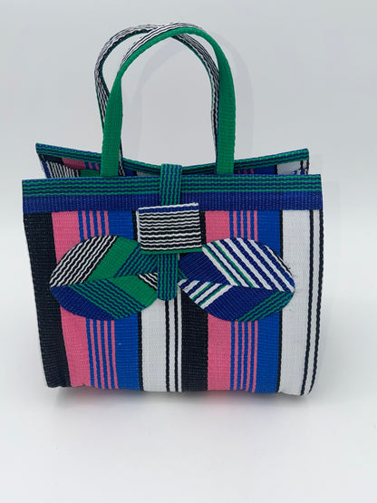 Candy Medium  handwoven tote bag by SCRUBIES in Blue,Black,Pink,White,Green, with Stripes design and Bow accent pattern