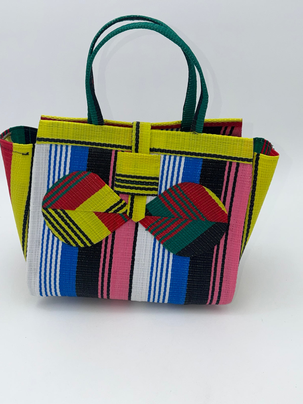 Candy Medium  handwoven tote bag by SCRUBIES in Yellow,Pink,Red,Blue,White,Black with Stripes design and Bow accent pattern