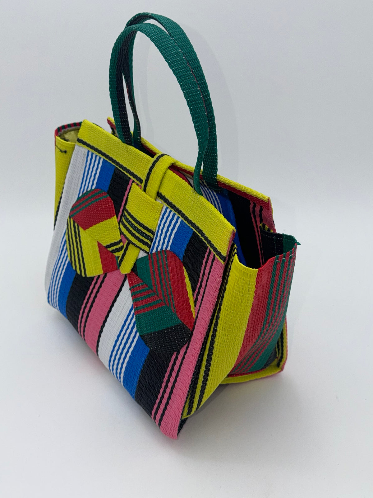 Candy Medium  handwoven tote bag by SCRUBIES in Yellow,Pink,Red,Blue,White,Black with Stripes design and Bow accent pattern