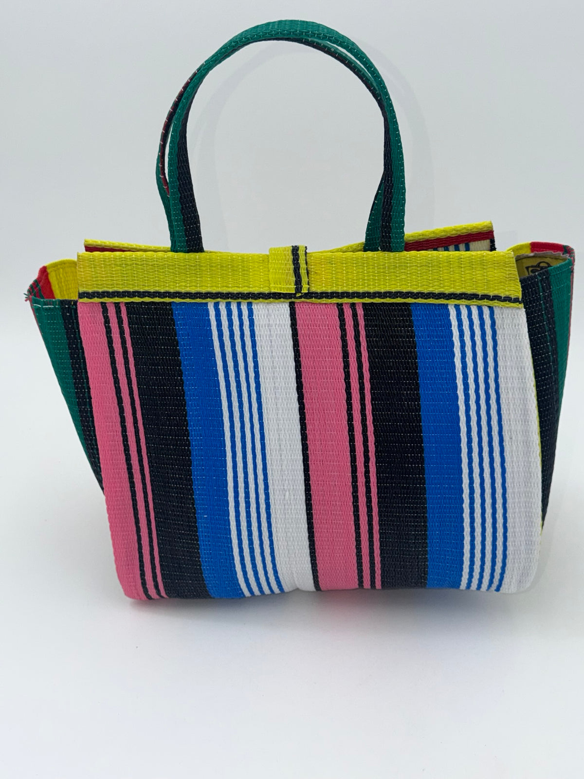 Candy Medium  handwoven tote bag by SCRUBIES in Yellow,Pink,Red,Blue,White,Black with Stripes design and Bow accent pattern