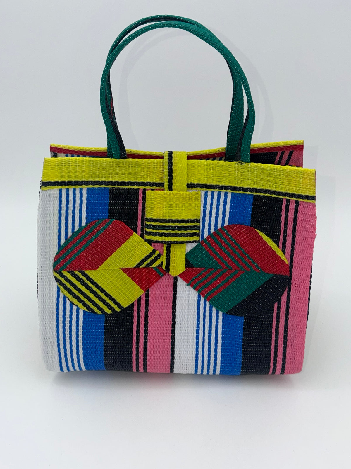 Candy Medium  handwoven tote bag by SCRUBIES in Yellow,Pink,Red,Blue,White,Black with Stripes design and Bow accent pattern