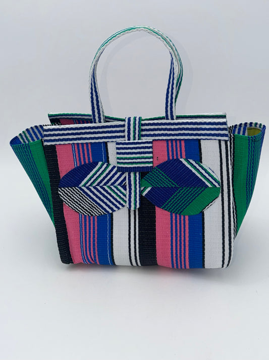 Candy Medium  handwoven tote bag by SCRUBIES in Pink,Blue,White,Green with Stripes design and Bow accent pattern