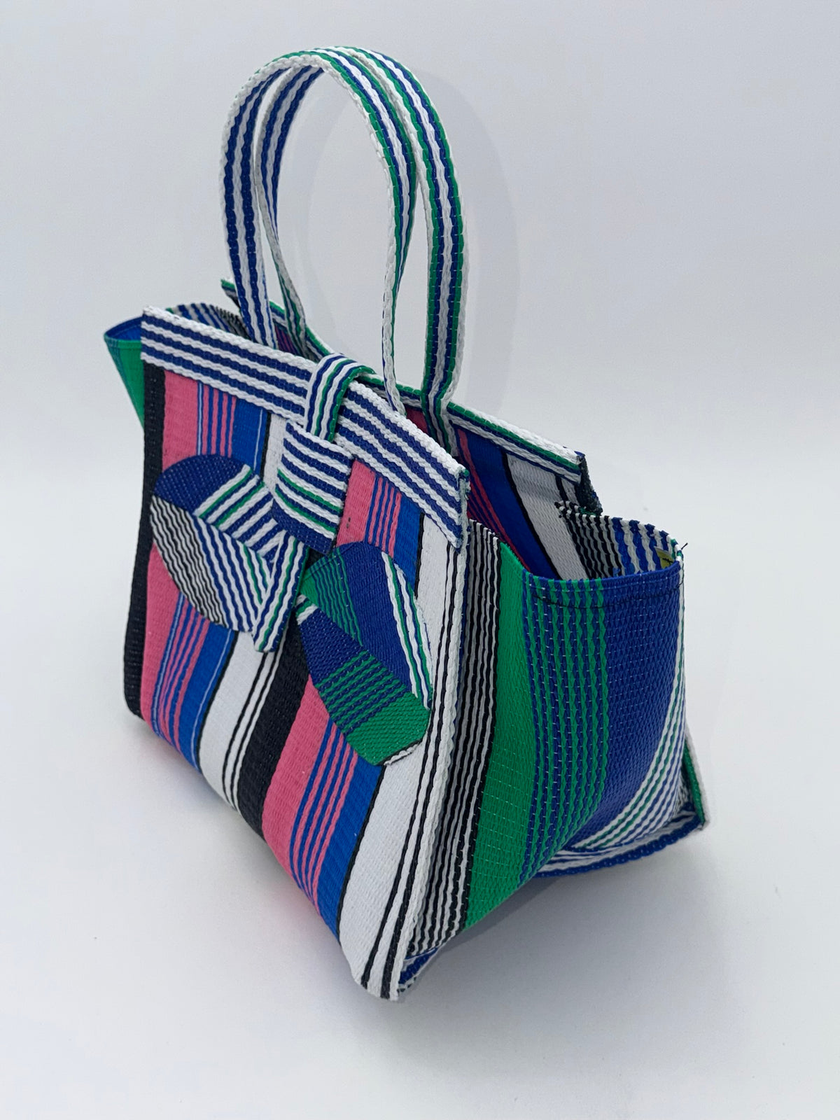 Candy Medium  handwoven tote bag by SCRUBIES in Pink,Blue,White,Green with Stripes design and Bow accent pattern