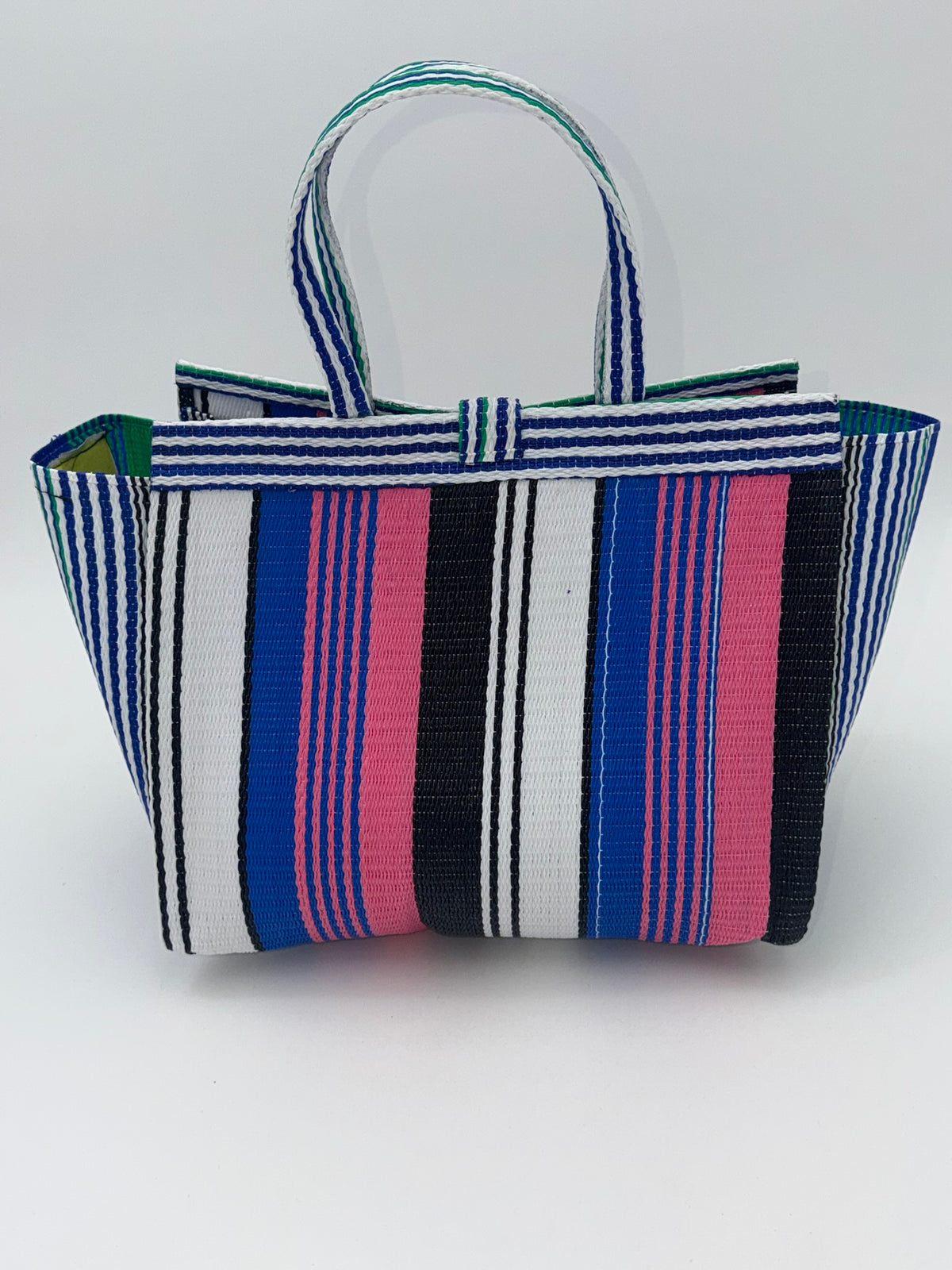 Candy Medium  handwoven tote bag by SCRUBIES in Pink,Blue,White,Green with Stripes design and Bow accent pattern