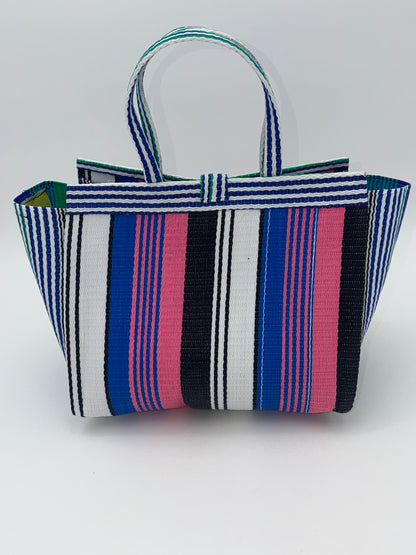 Candy Medium  handwoven tote bag by SCRUBIES in Pink,Blue,White,Green with Stripes design and Bow accent pattern