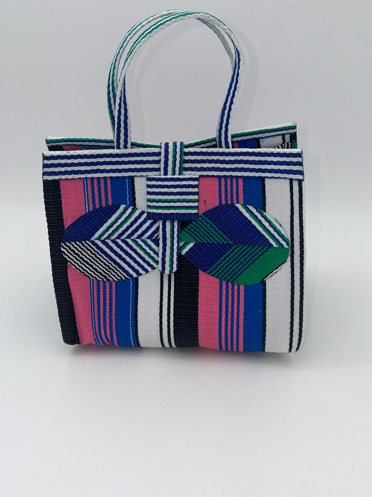 Candy Medium  handwoven tote bag by SCRUBIES in Pink,Blue,White,Green with Stripes design and Bow accent pattern
