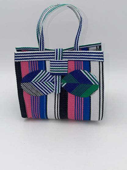 Candy Medium  handwoven tote bag by SCRUBIES in Pink,Blue,White,Green with Stripes design and Bow accent pattern