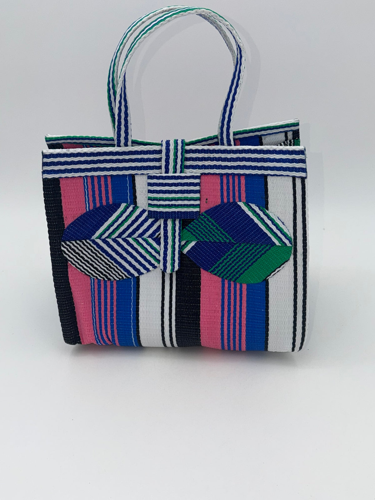 Candy Medium  handwoven tote bag by SCRUBIES in Pink,Blue,White,Green with Stripes design and Bow accent pattern