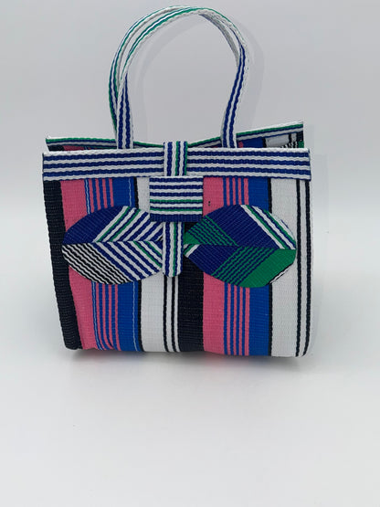 Candy Medium  handwoven tote bag by SCRUBIES in Pink,Blue,White,Green with Stripes design and Bow accent pattern