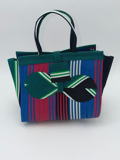 Candy Medium  handwoven tote bag by SCRUBIES in Green,Pink,Blue,White with Stripes design and Bow accent pattern