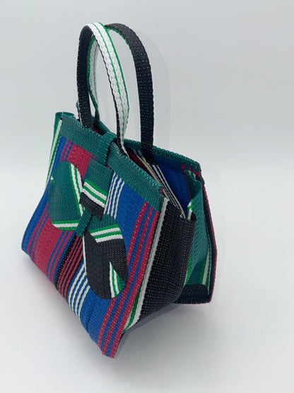 Candy Medium  handwoven tote bag by SCRUBIES in Green,Pink,Blue,White with Stripes design and Bow accent pattern