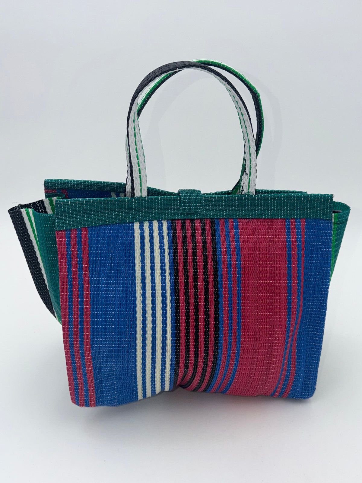 Candy Medium  handwoven tote bag by SCRUBIES in Green,Pink,Blue,White with Stripes design and Bow accent pattern