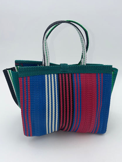 Candy Medium  handwoven tote bag by SCRUBIES in Green,Pink,Blue,White with Stripes design and Bow accent pattern